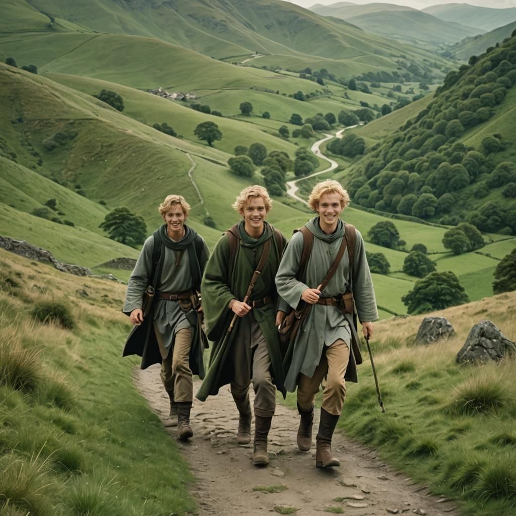 Two Brothers Trekking Through Green Hills