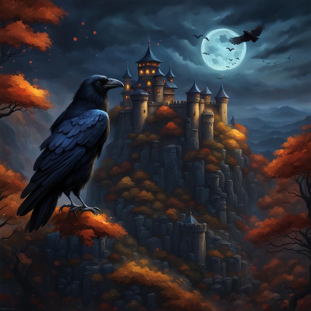 Raven near Castle Ravenloft: Fantasy Oil Painting