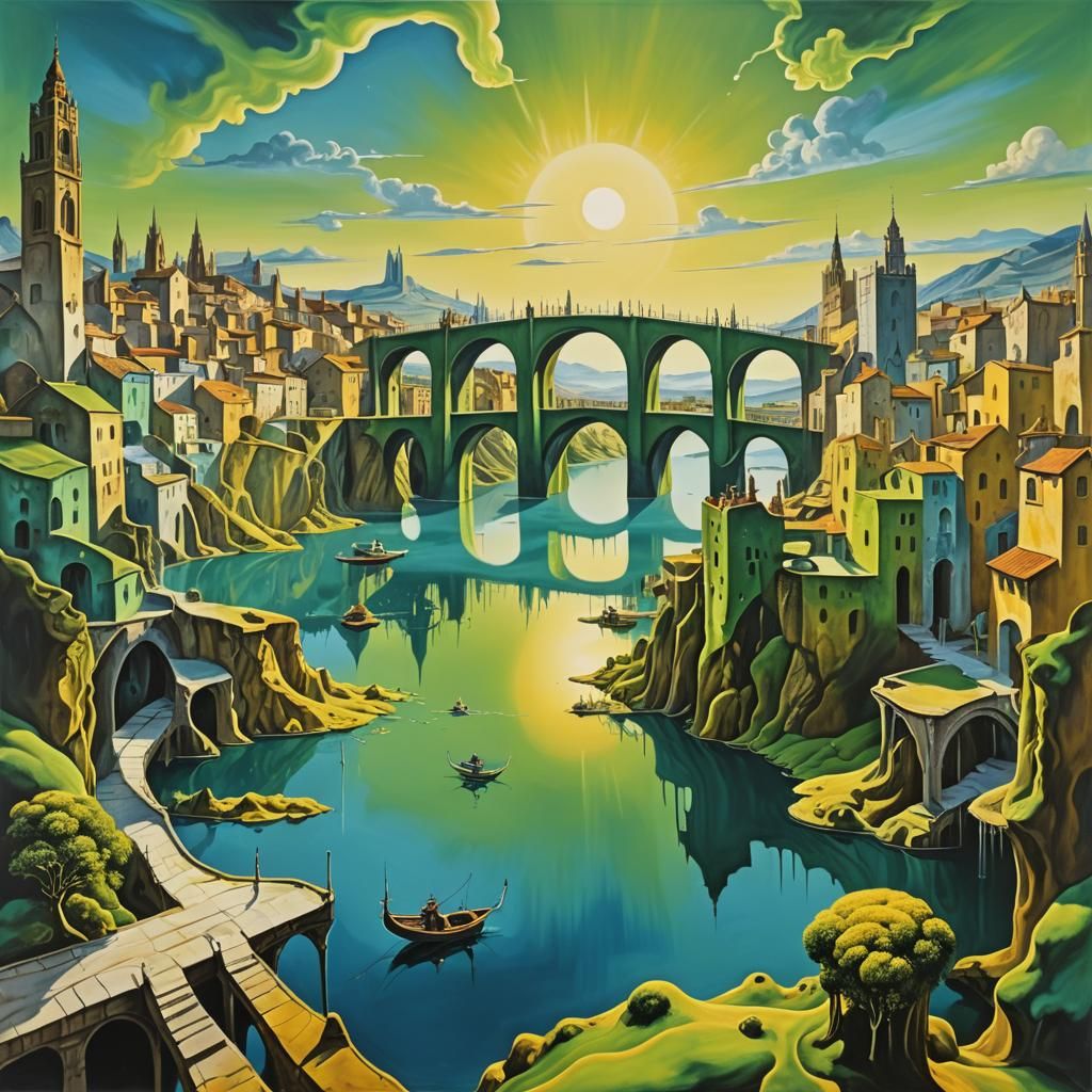 Surreal Yellow-Green City with Blue Sun, Oil on Canvas