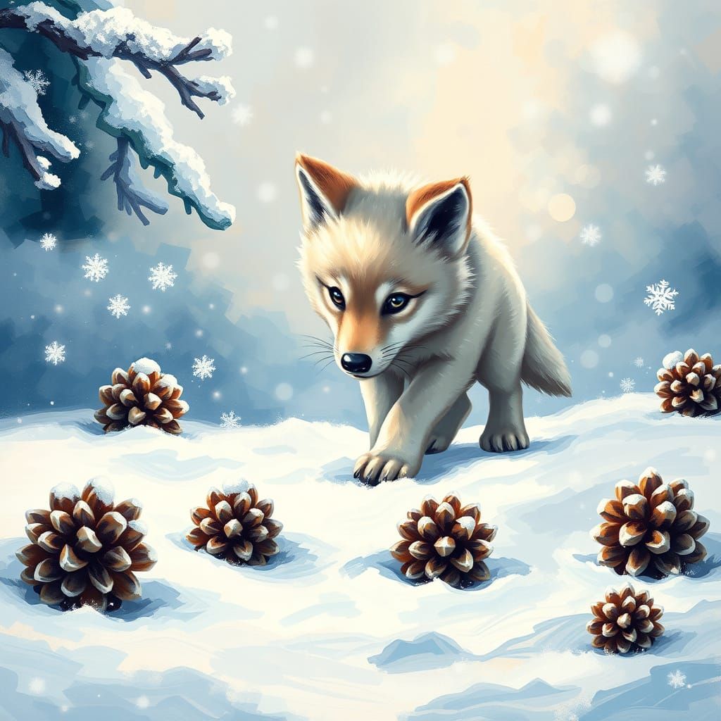Whimsical Winter Wonderland Scene with Snowy Wolf