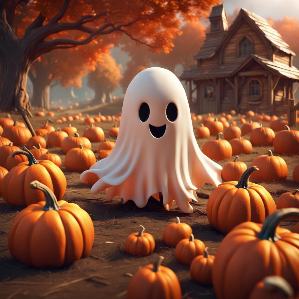 Adorable Orange Ghost at Pumpkin Patch in Matte Painting Sty...