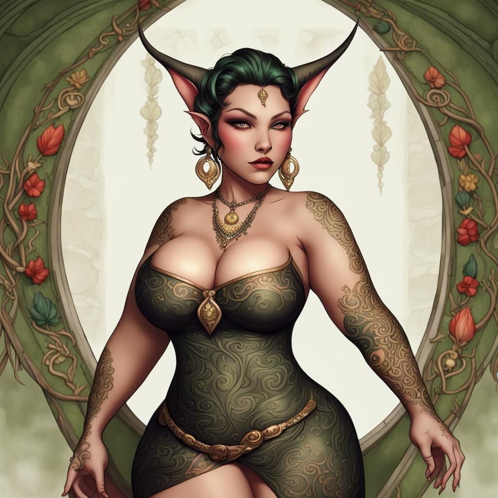 Beautiful Full-Figured Elf with Exotic Tattoo