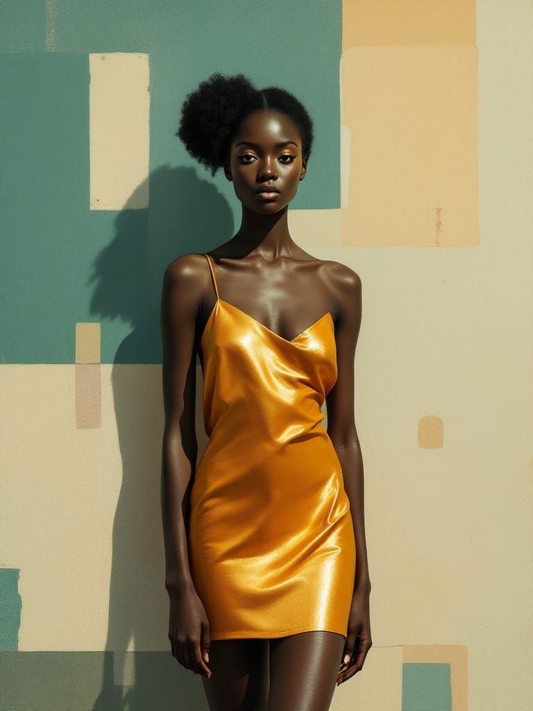 Pin-Up Woman in Gold Dress, Modernist Stillness