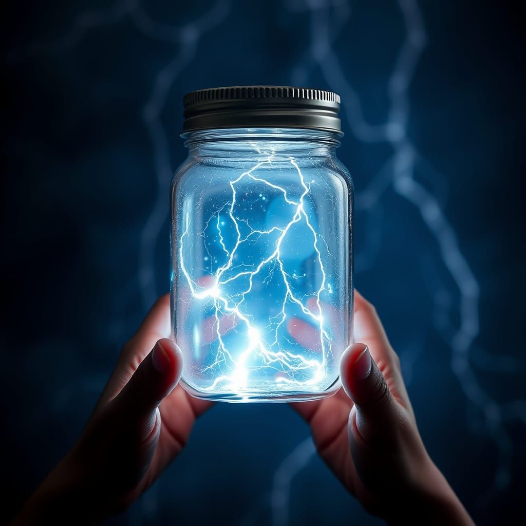 Hands holding a jar filled with lightning