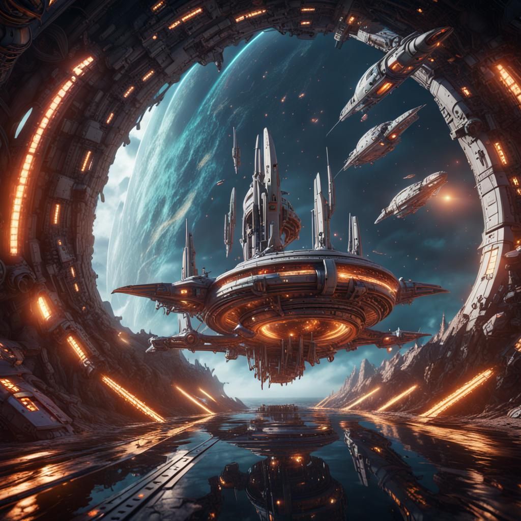 Spaceship Armada Surrounding Mega Toroid Portal