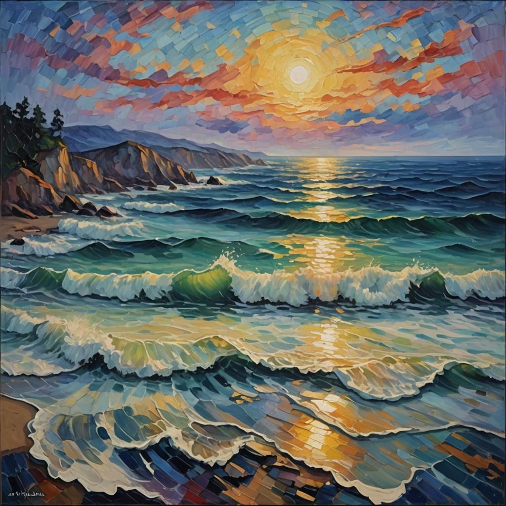 Seascape at Dawn: Neo-Impressionist Oil Painting