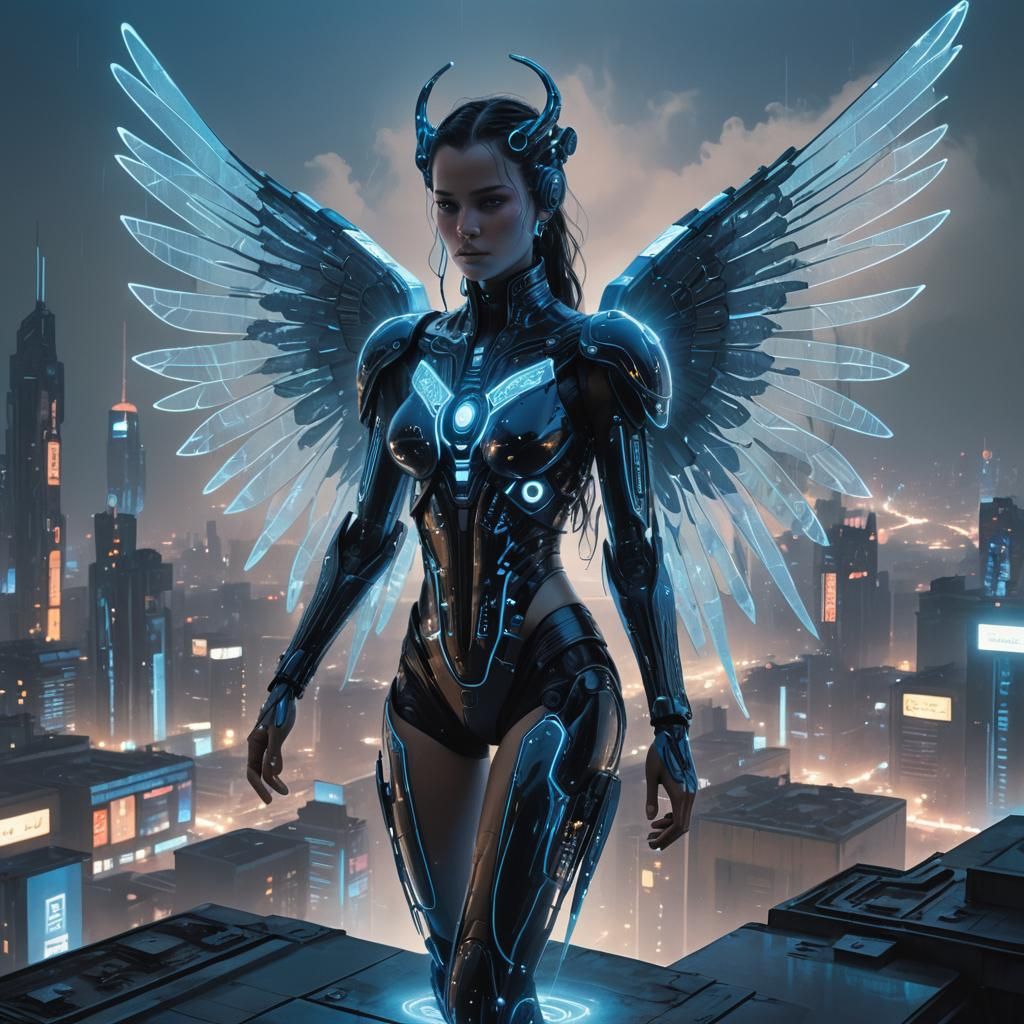Cyberpunk Angel with Neon Wings on Rooftop