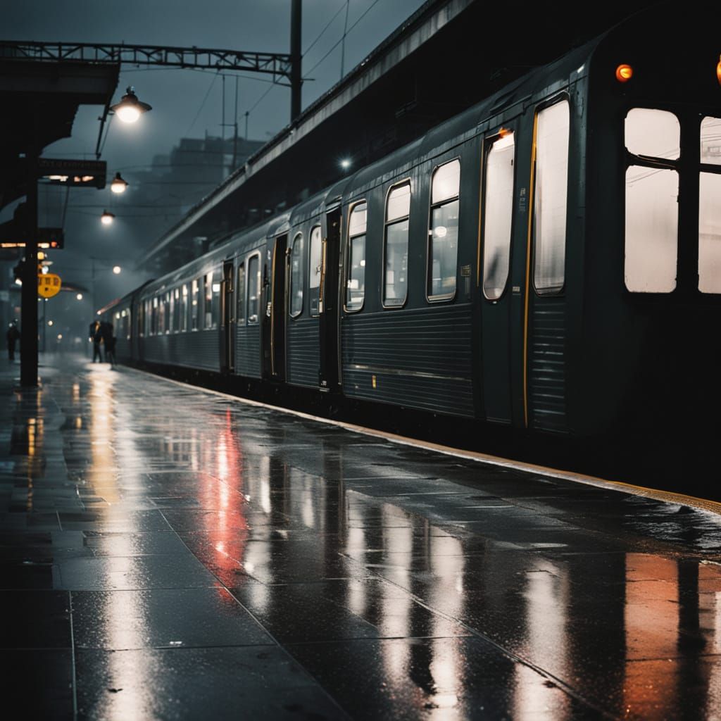 Gloomy Train Station at Evening in Film Noir Style