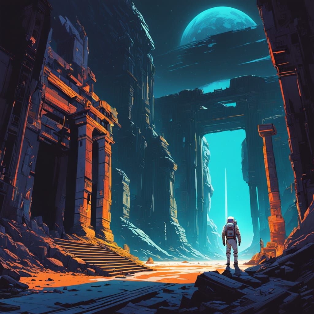 Astronaut Explores Ancient Ruins with Futuristic Glow