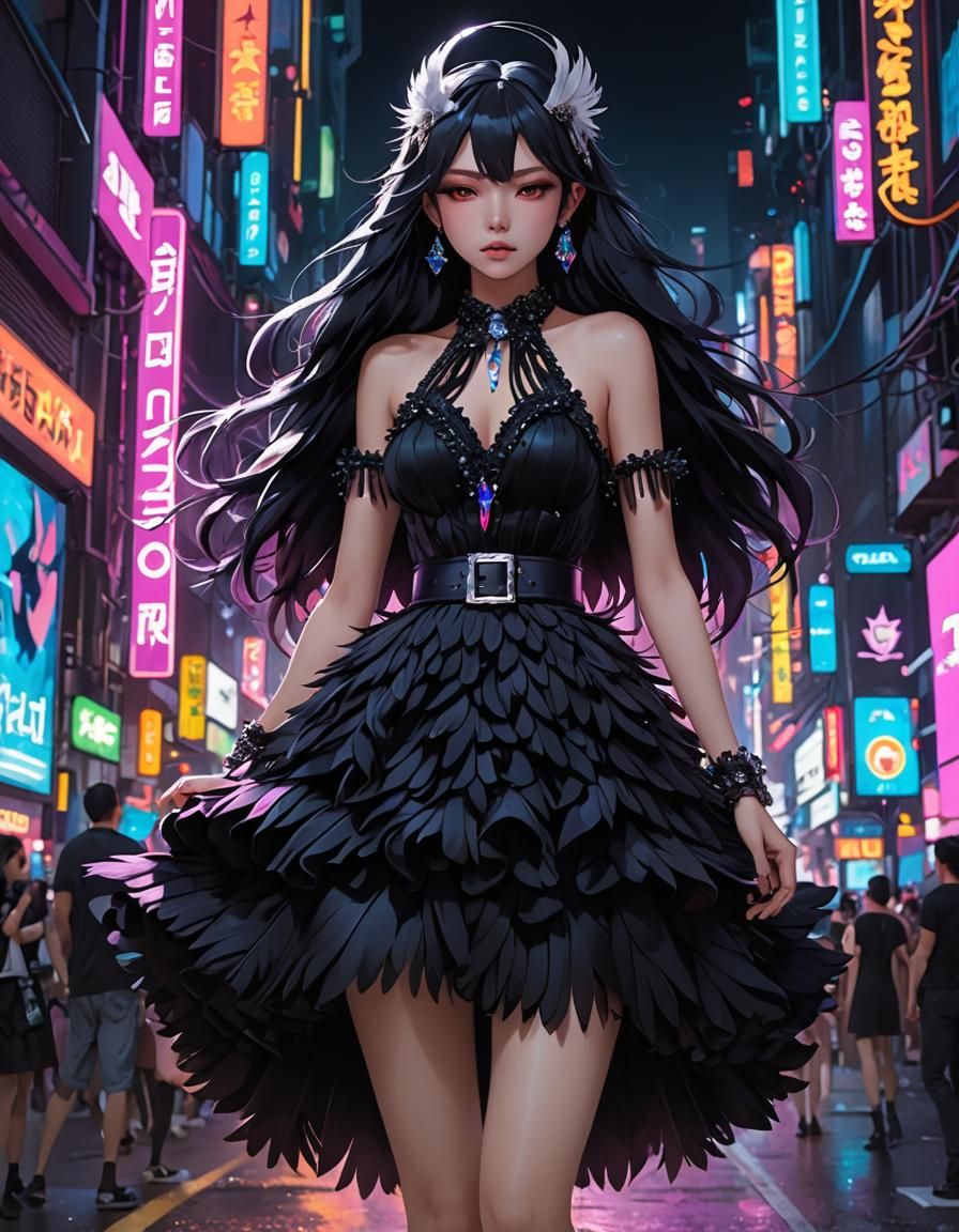 Goth Feather Dress Amidst Neon Lights, Anime Art