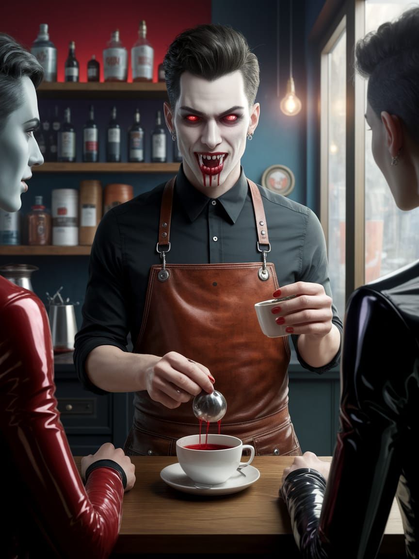 Vampire Barista in Leather Apron Serves Blood Coffee