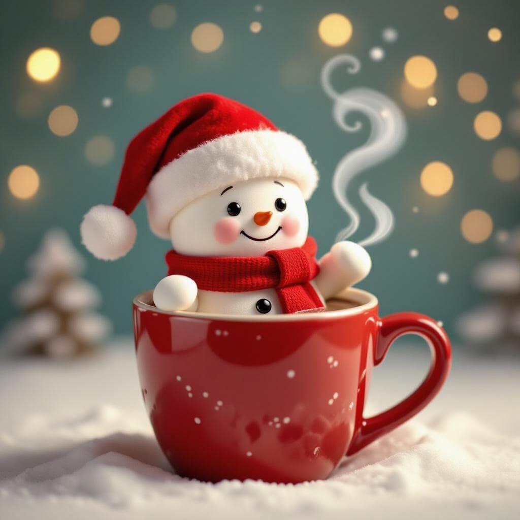 Marshmallow Man Enjoys Hot Chocolate in Santa Hat
