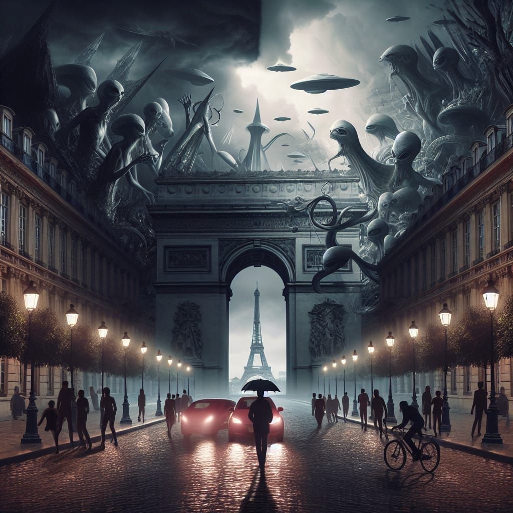 Ethereal Paris Under Alien Occupation in Impressionist Style