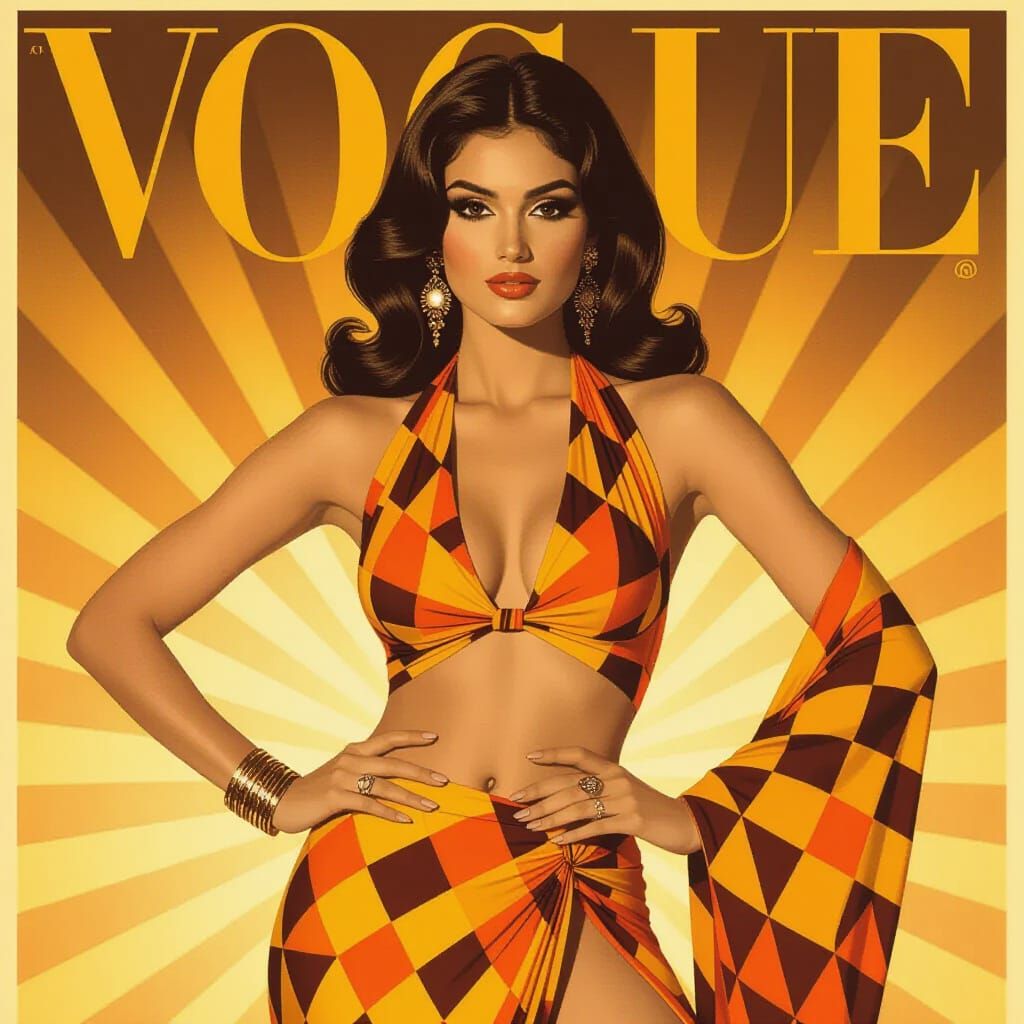 Glamorous Pakistani Woman in 1970s Geometric Maxi Dress