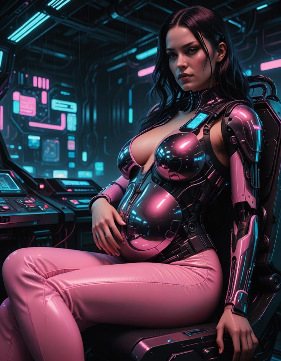 Pregnant Woman in Cyberpunk Portrait with Neon Cityscape