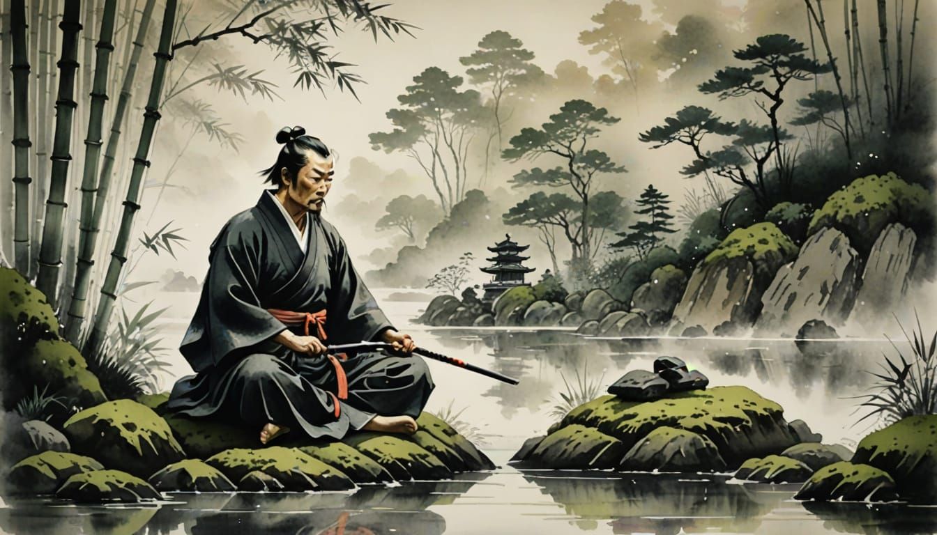 Samurai Meditation in Bamboo Forest: Sumi-e Ink Wash