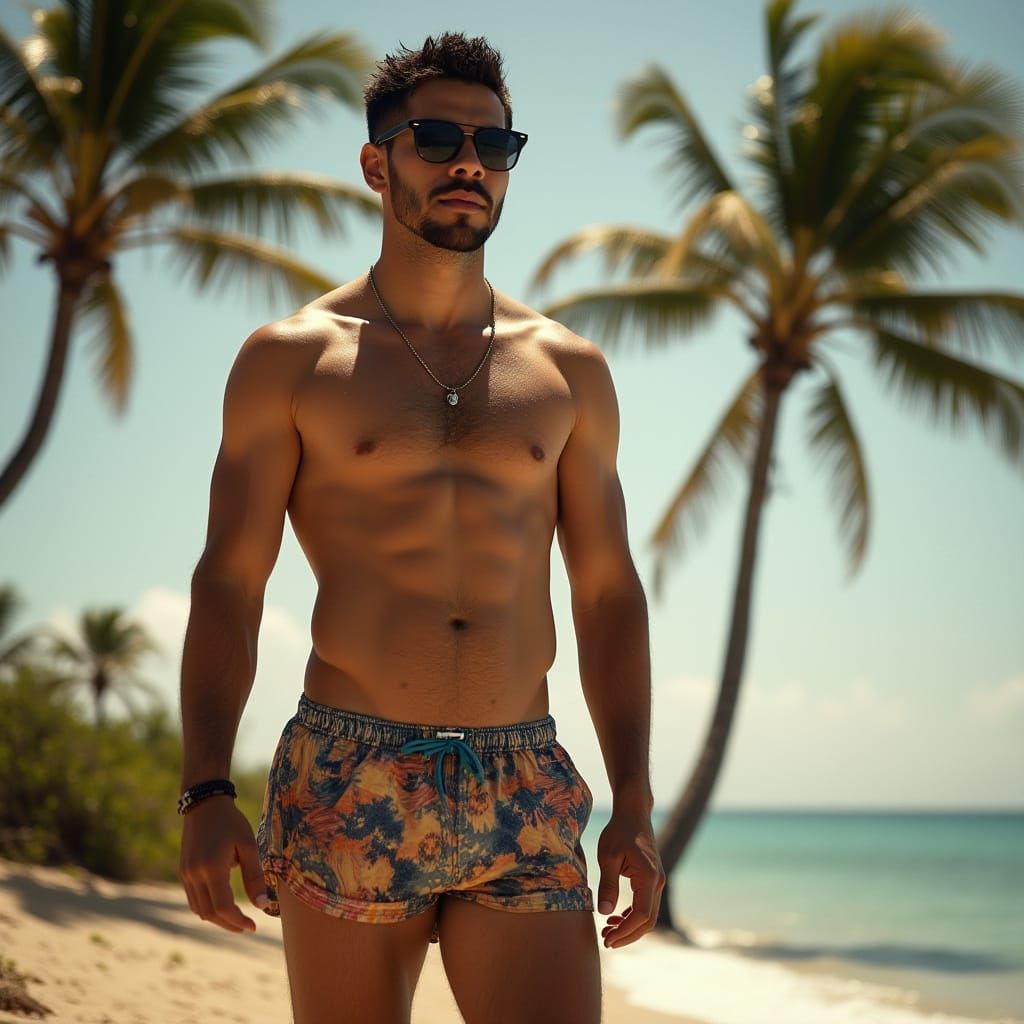 Photorealistic Portrait of a Man in Swim Trunks
