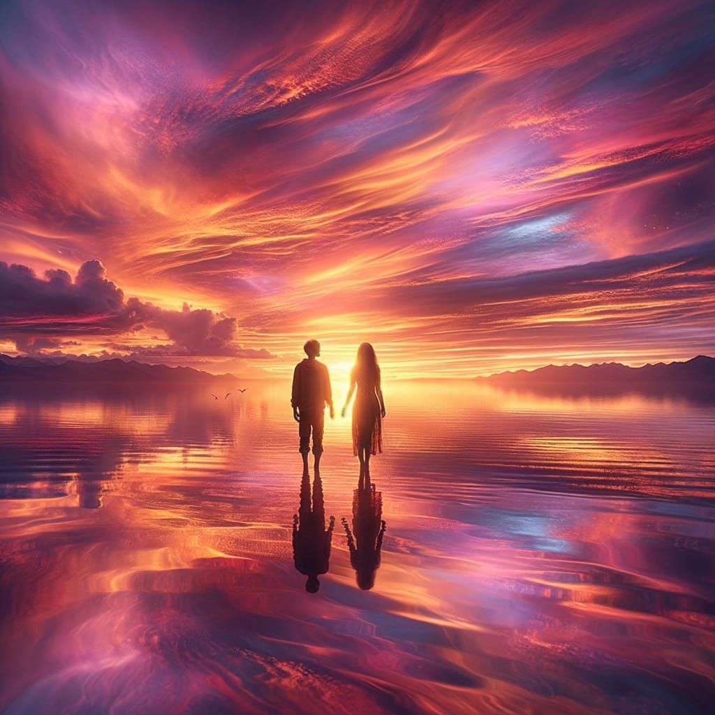 Sunset Silhouette: Lovers by Reflective Water