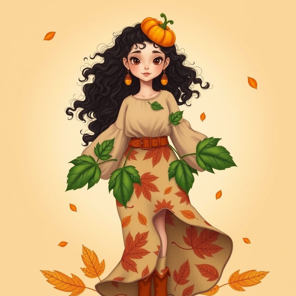 Autumn Girl in Fairytale Illustration Style