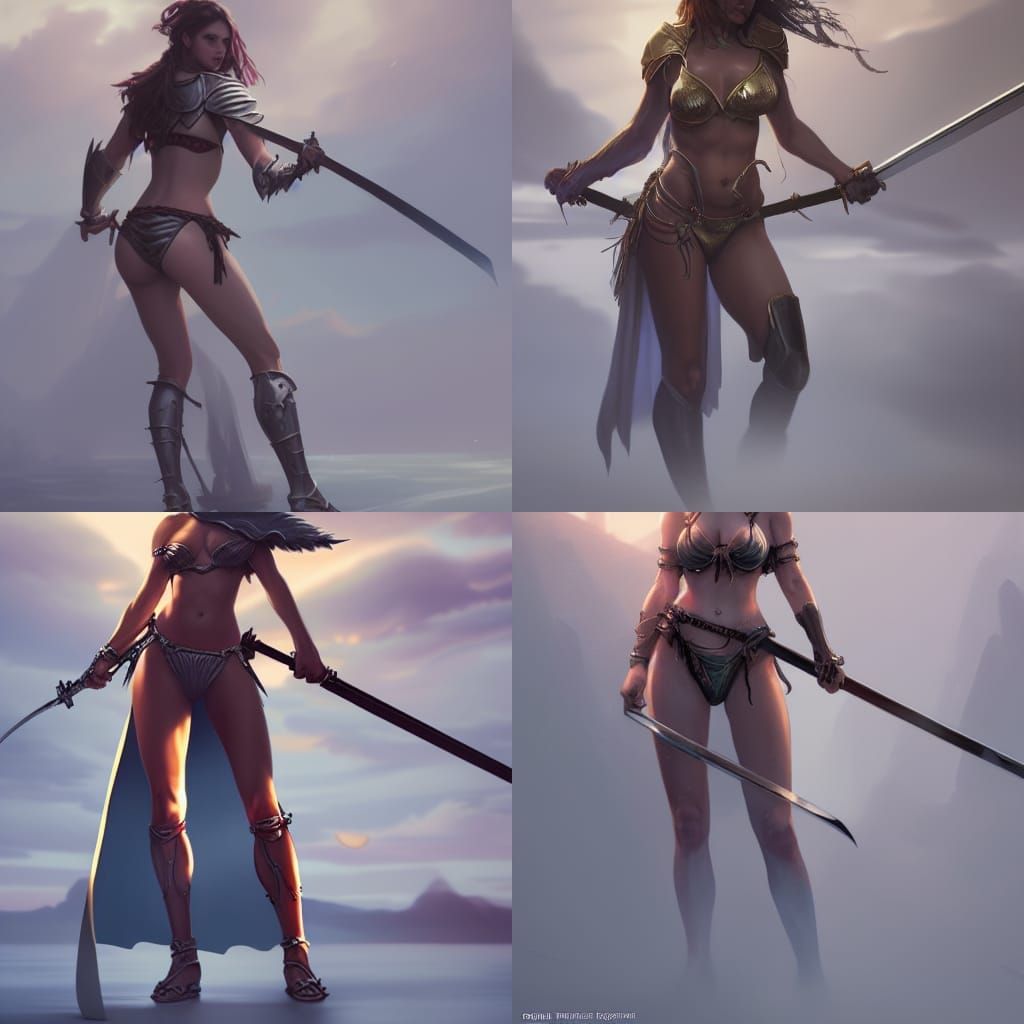 Bikini-clad Female Knight with Sword in Dark Fantasy Style