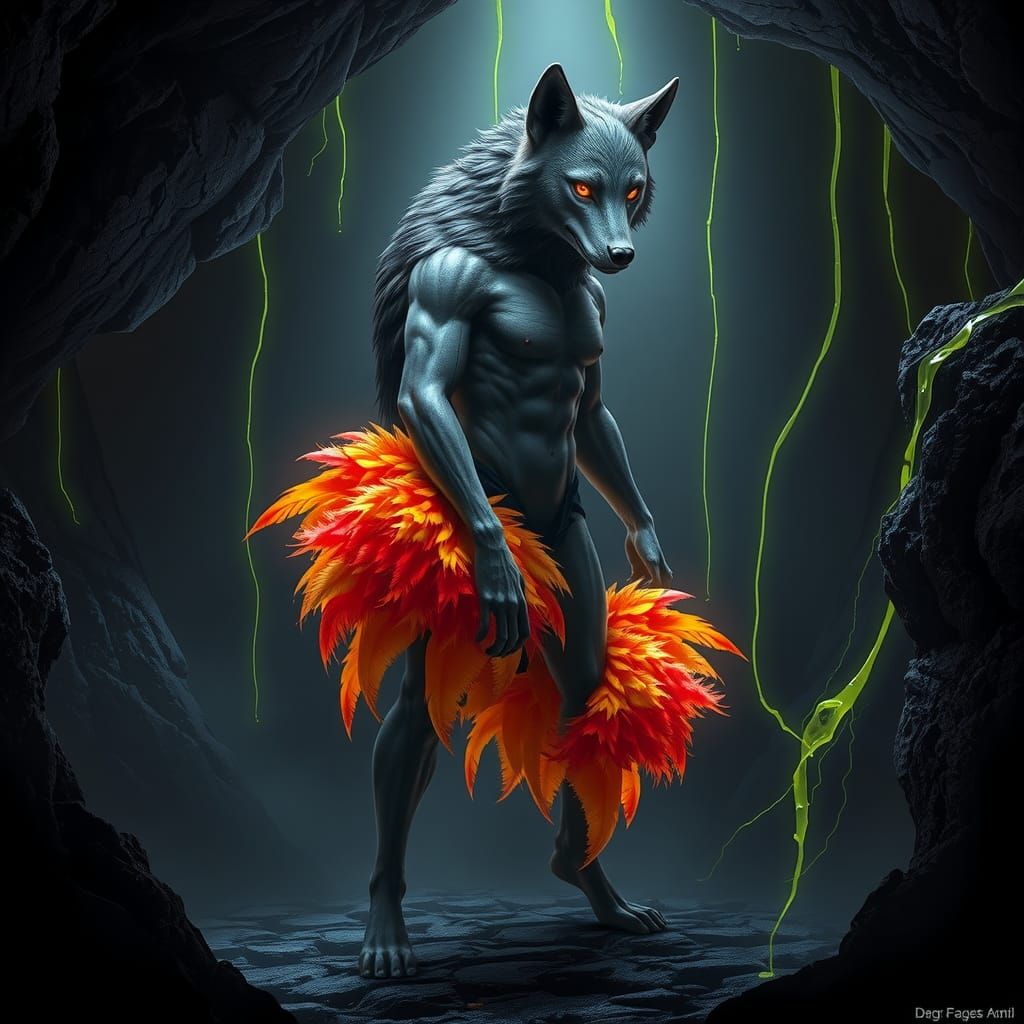 Wolf-Human Fusion Creature in Mystical Cavern