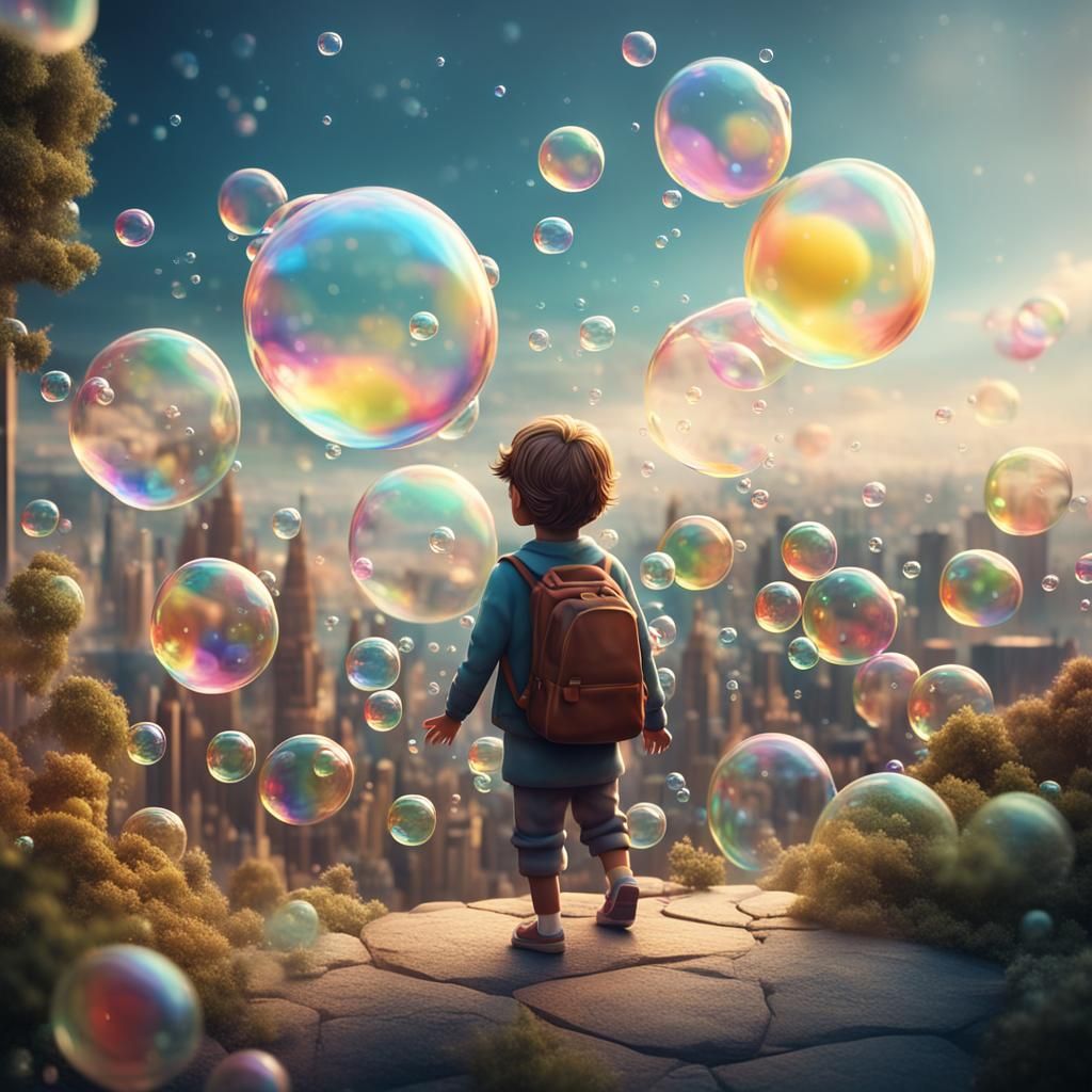 Child Character Formed From Soap Bubbles in Origami Style