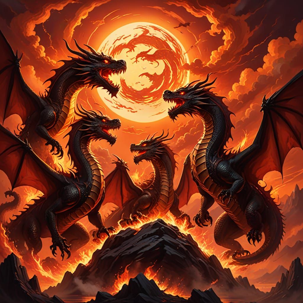 Red Sky Dragons: A Vibrant Digital Oil Painting