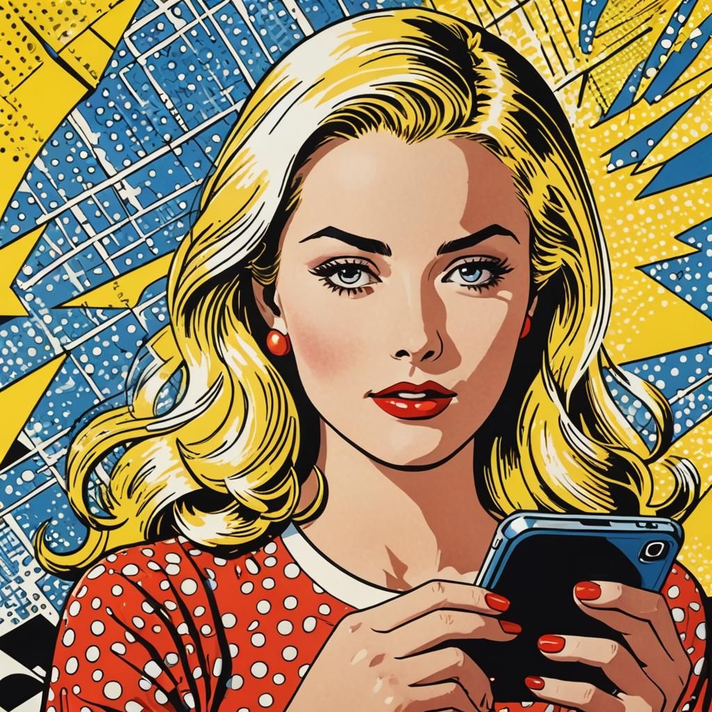 Blonde Woman with Smartphone in Roy Lichtenstein Style