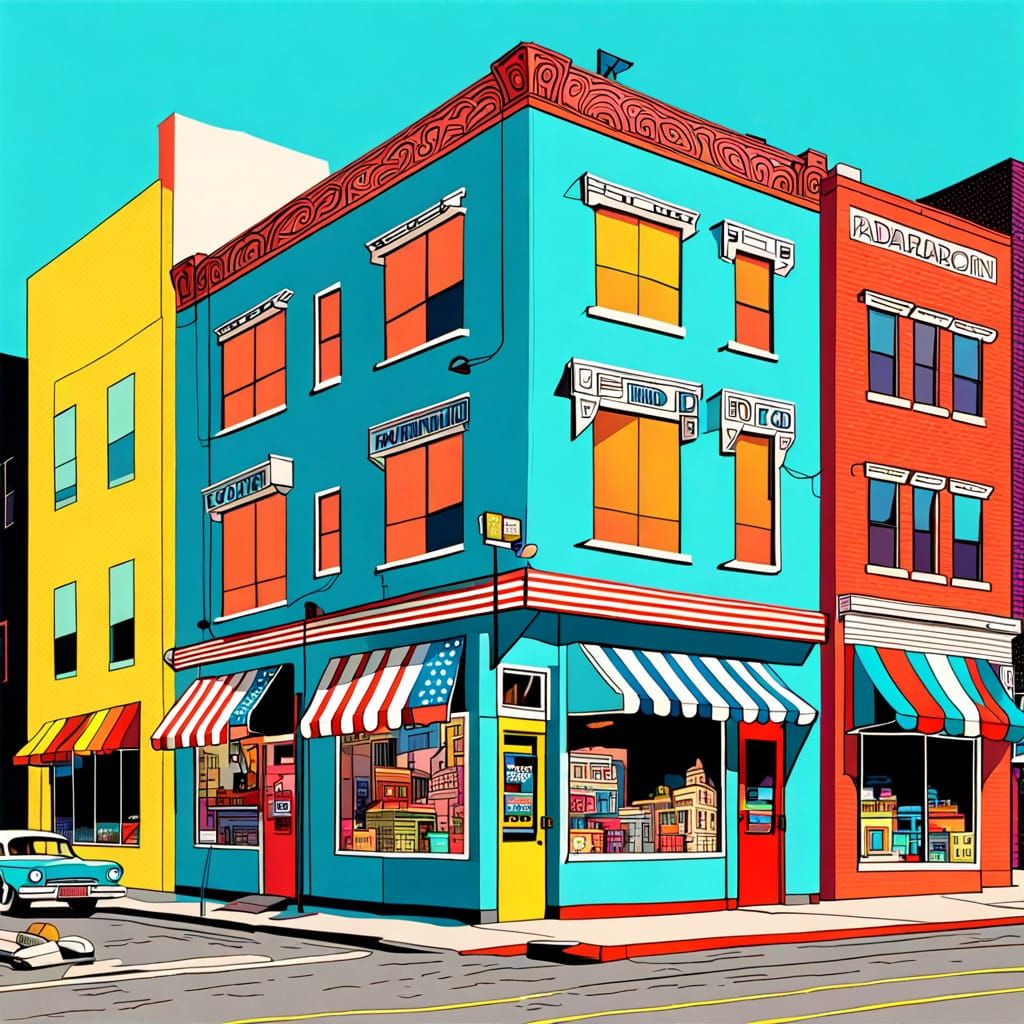 Colorful American Street Scene in Retro Pop Art Style