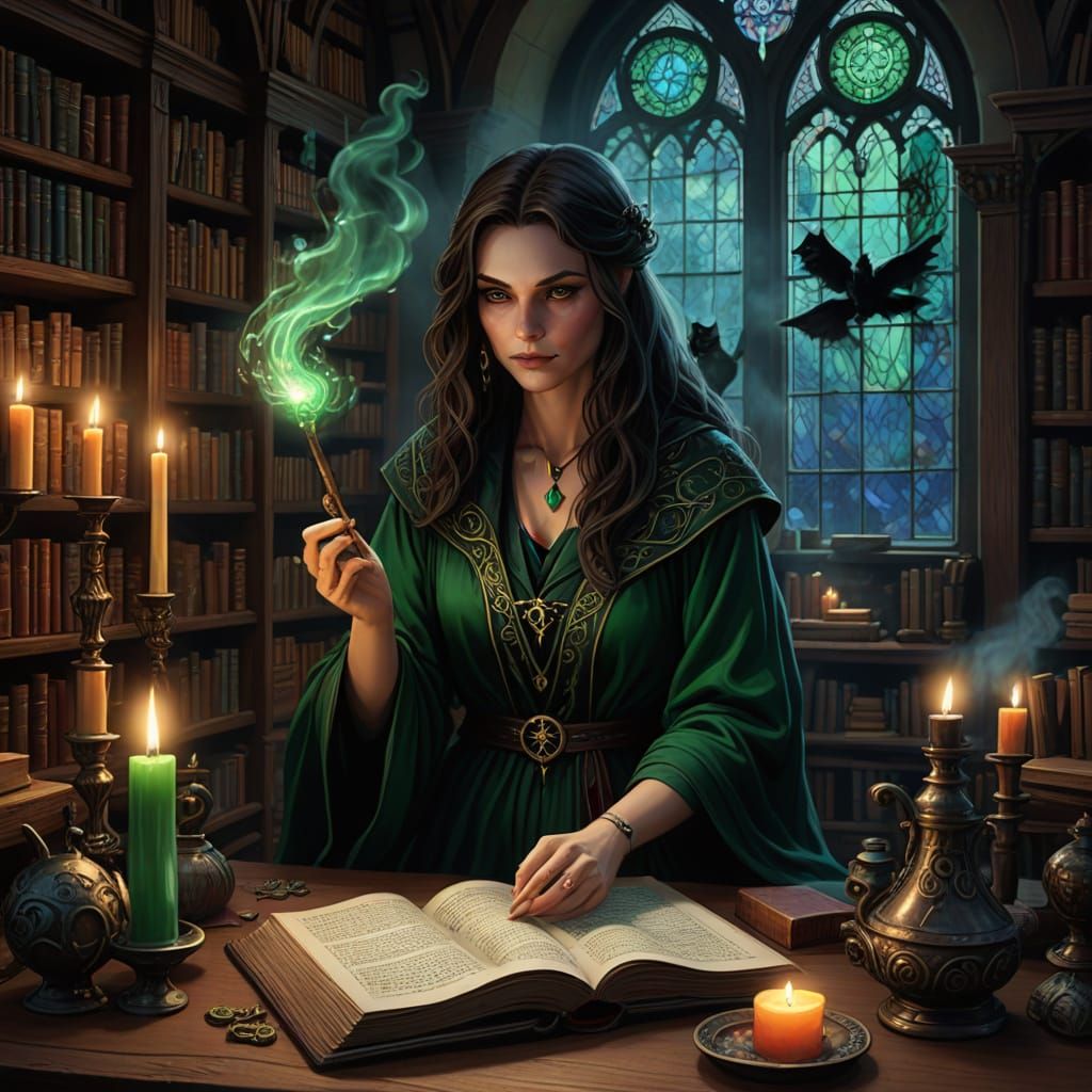 Enchanted Sorceress in Mystical Library