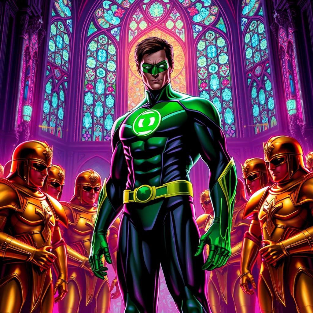 Green Lantern and Golden Knights in Synthwave Castle