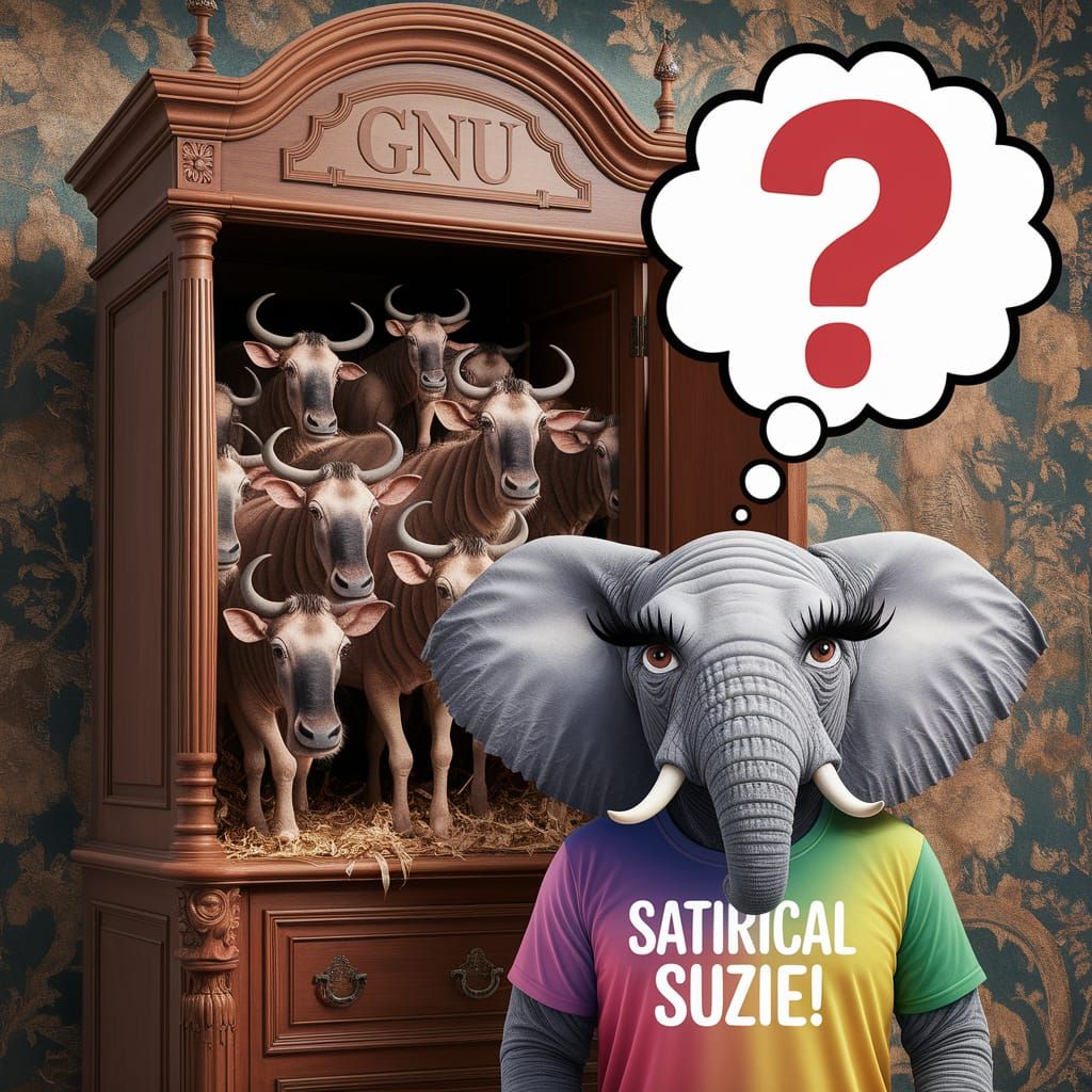 GNU Cabinet Bursts Open Releasing Comical Wildebeest, Satiri...