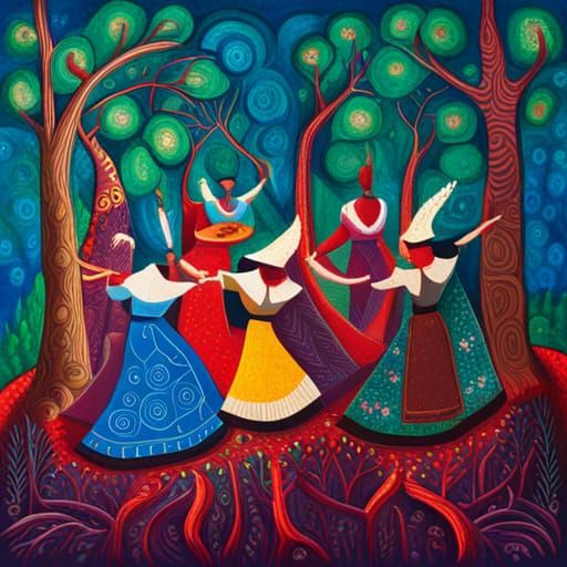 Folk Dancers in Woods: Abstract Art in Complementary Colors