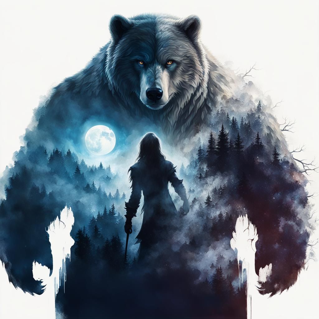 Dire Bear and Hag: Hyperrealistic Split Reflection