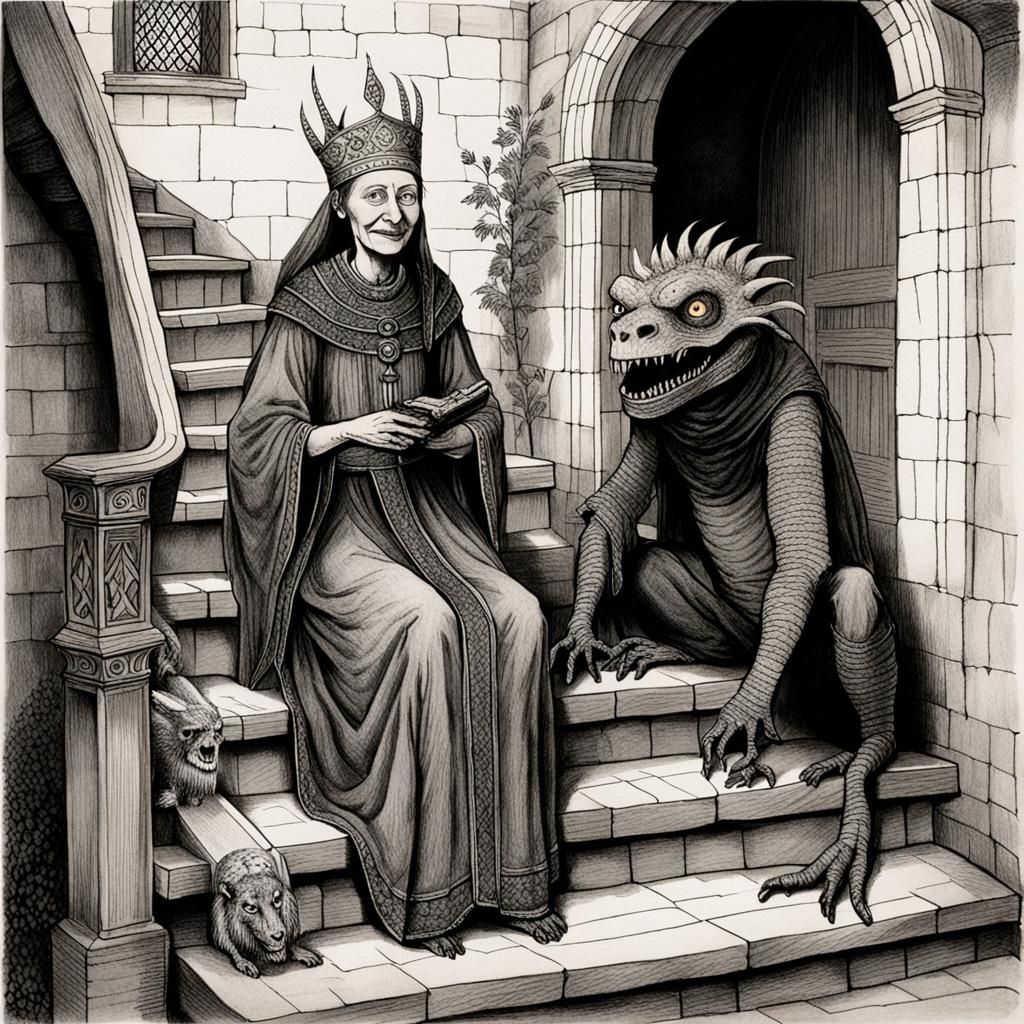 Medieval Shaman with Monster Pet, Gorey-Style Drawing