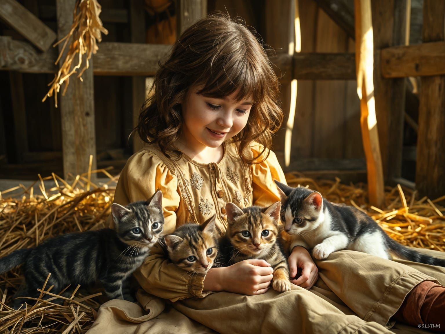 Girl and Kittens in Barn, Oil Painting