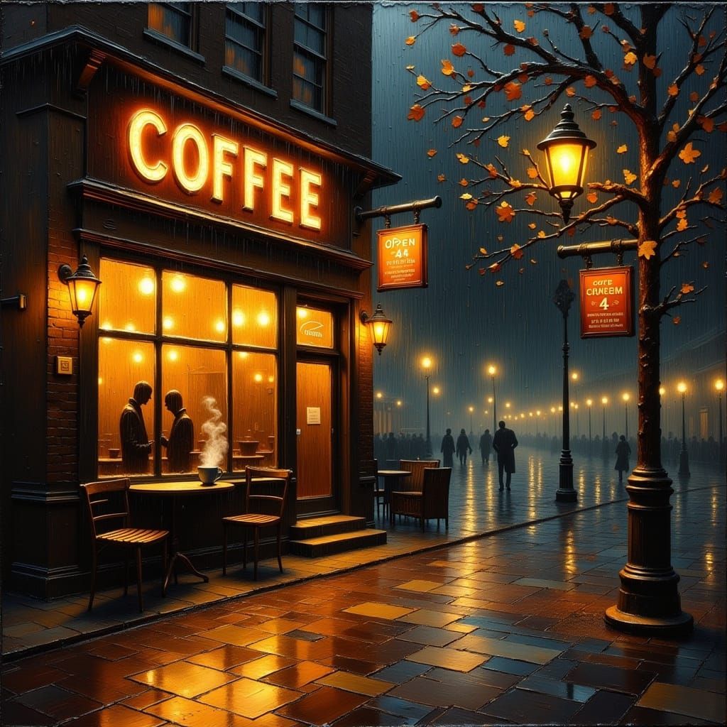 Cozy Coffee Shop on Rainy Night with Vintage Signs