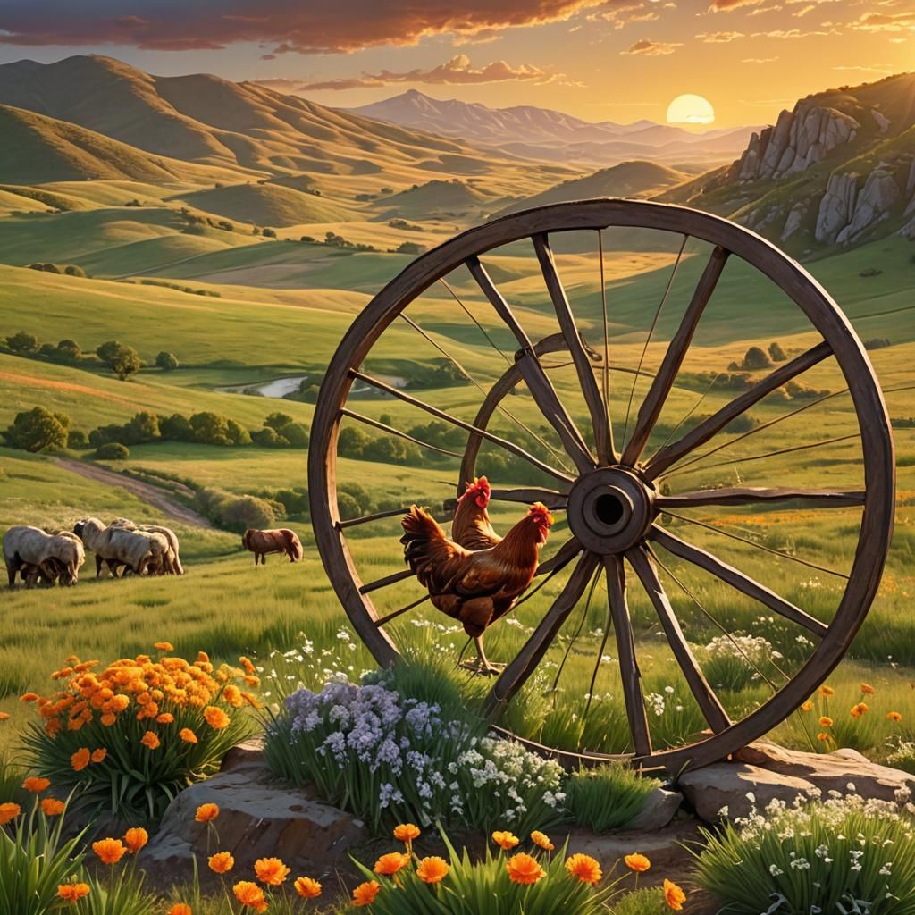 Rustic Wagon Wheel with Orange Chicken, Folk Art Style