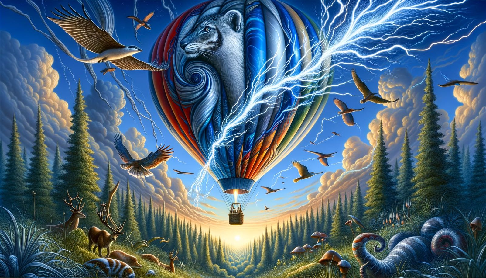 Vibrant Hot Air Balloon Travels Through a Clear Sky