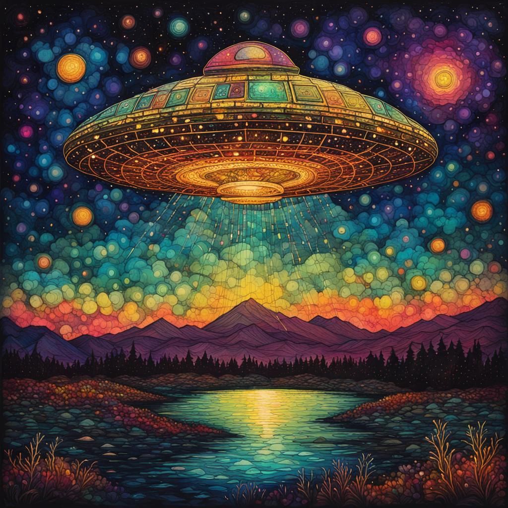 Cosmic UFO in Fantasy Alcohol Ink Style