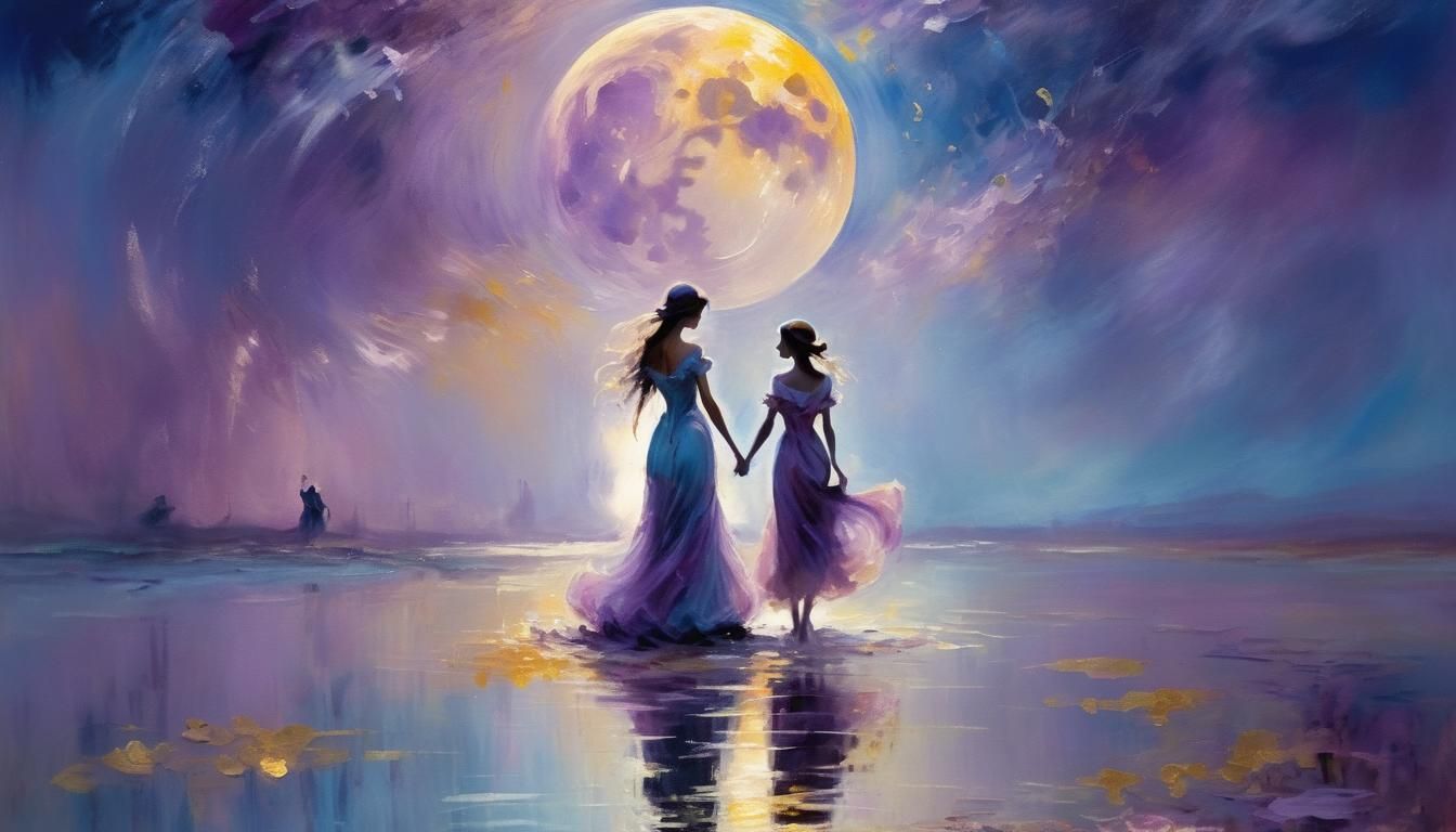 Figures Under Moon in Impressionistic Style