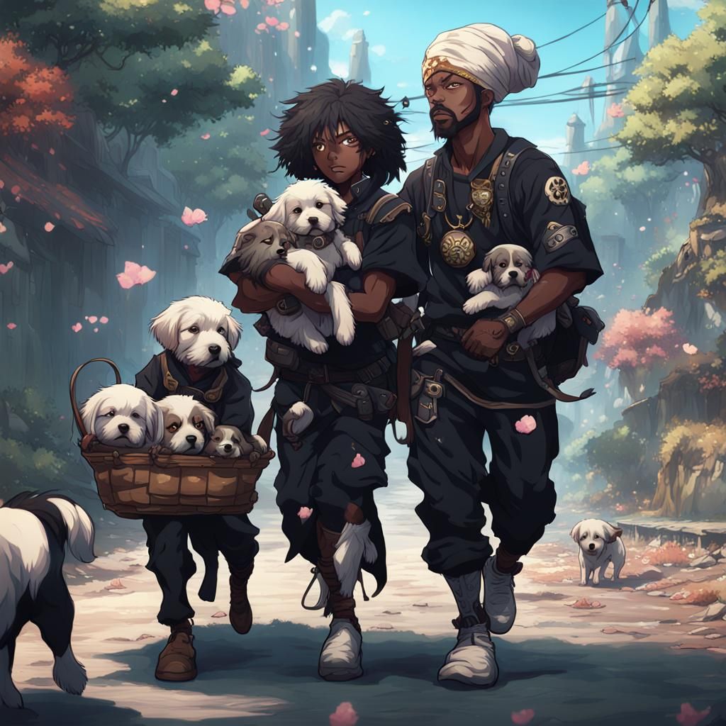 Manga Characters with Puppies: Detailed Matte Painting