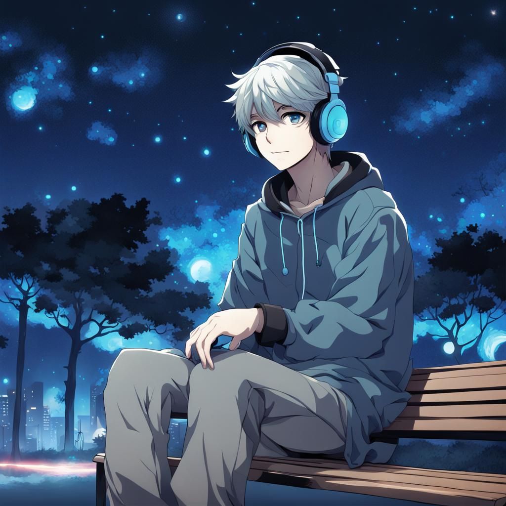 Boy with Headphones in Galaxy, Anime Style