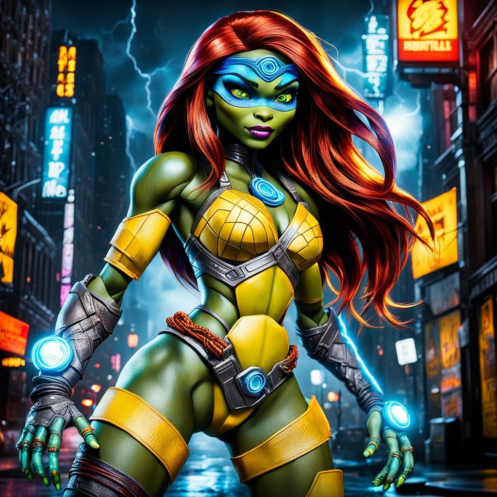 Radioactive Ninja Turtle Doll in Cyberpunk Lightning Storm