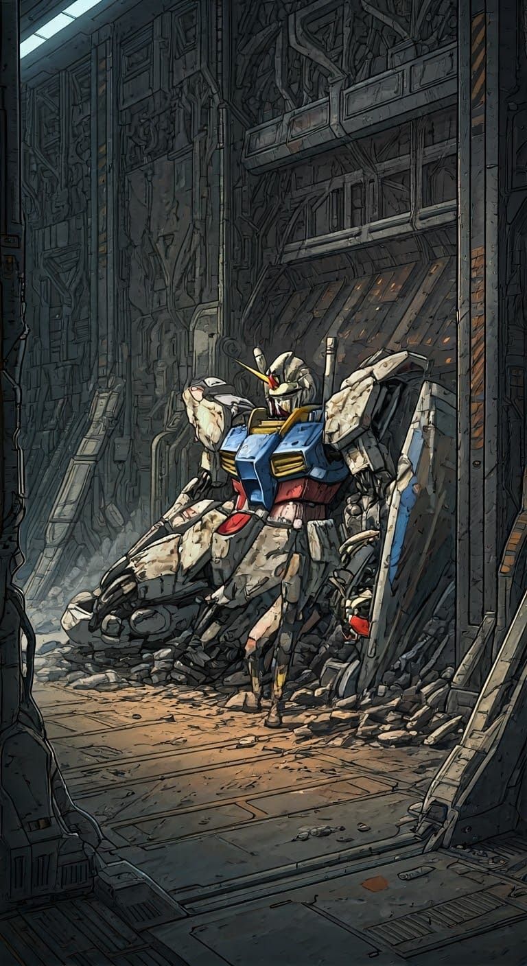 Cyberpunk Space Station Scene with Fallen Gundam