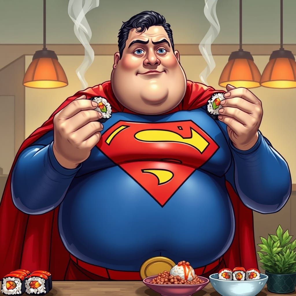 Overweight Superman Enjoys Sushi Feast