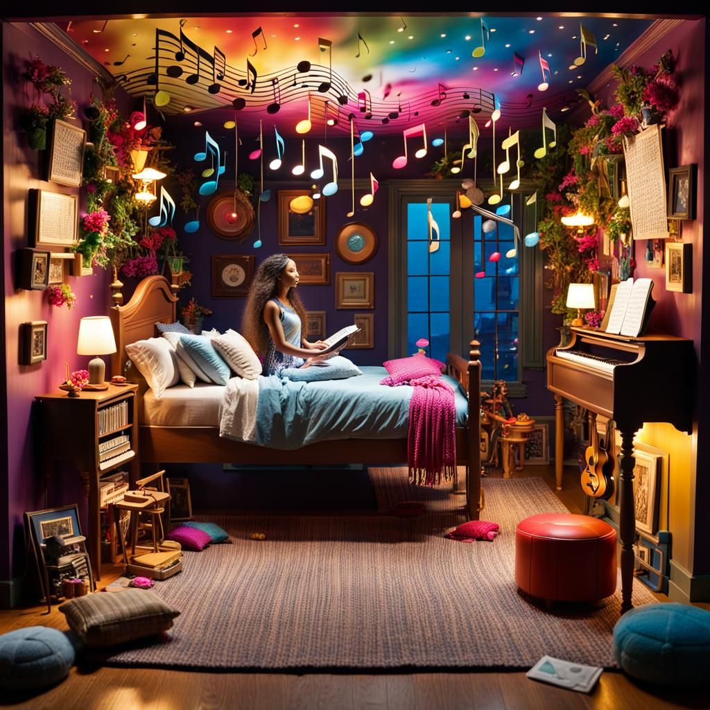 Surreal Music Notes Woman in Dreamlike Bio Art