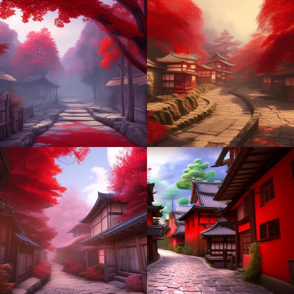 Red Medieval Japanese Street in Fantasy Art Style