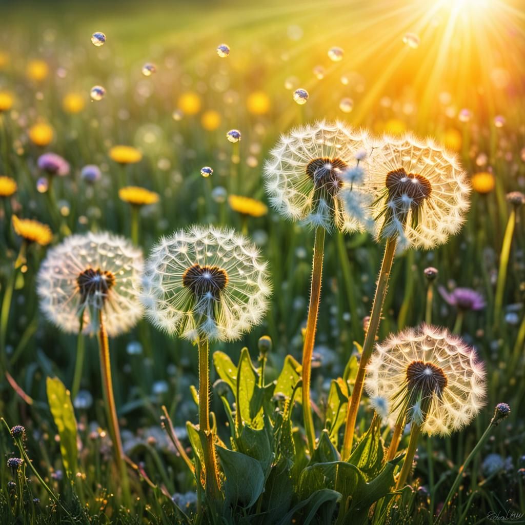Dandelion heads in a bright, morning-lit meadow.