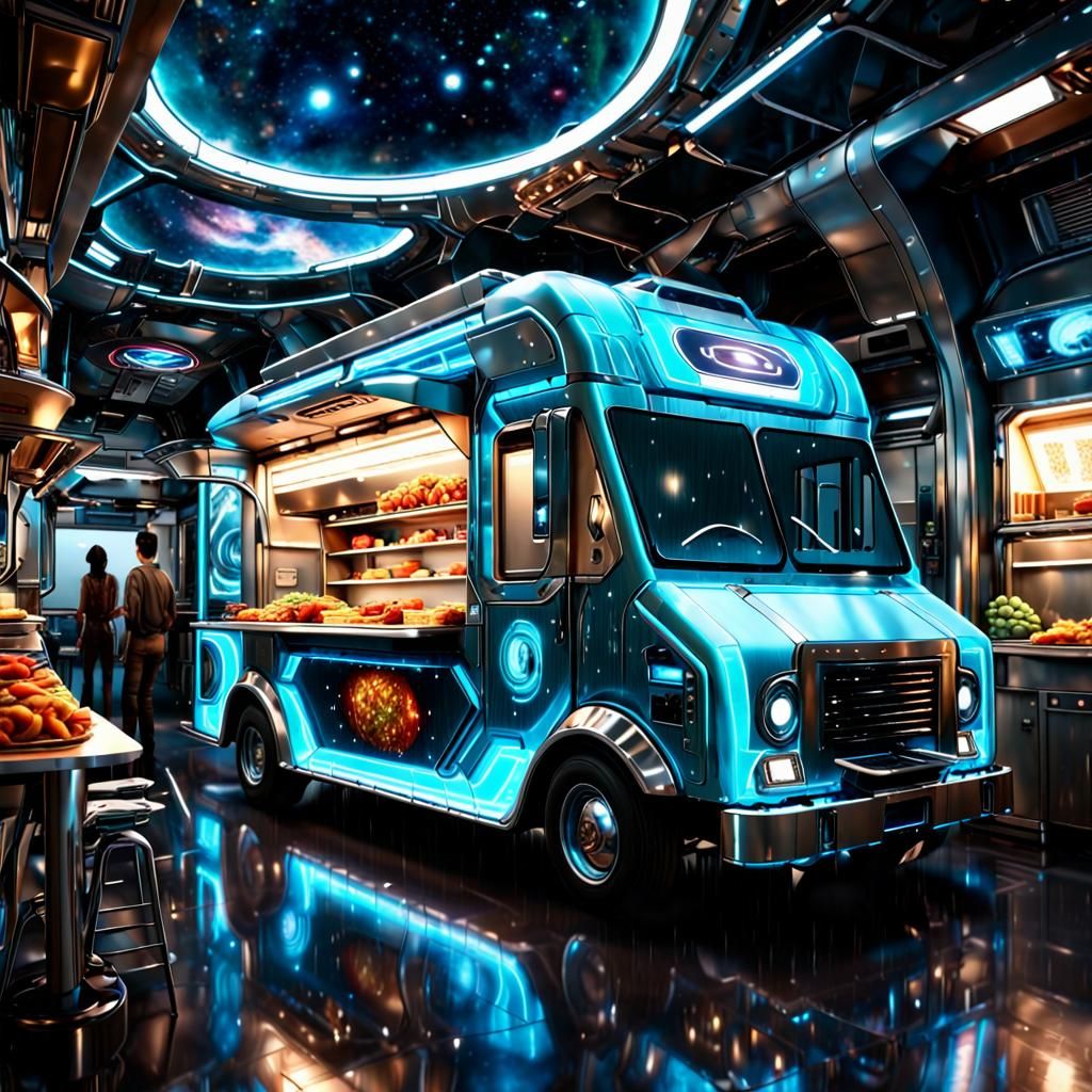 Futuristic Food Truck in Intergalactic Station, Anime Style